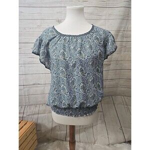 Max Studio Blouse M‎ Floral Blue Ruffle Flutter Short Sleeve Paisley Boho Smock